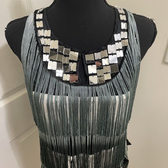 Vintage Bebe Silk Fringe‎ Mirror Yoke Tank Top Flapper Festival 90s NWT Medium - Picture 5 of 9